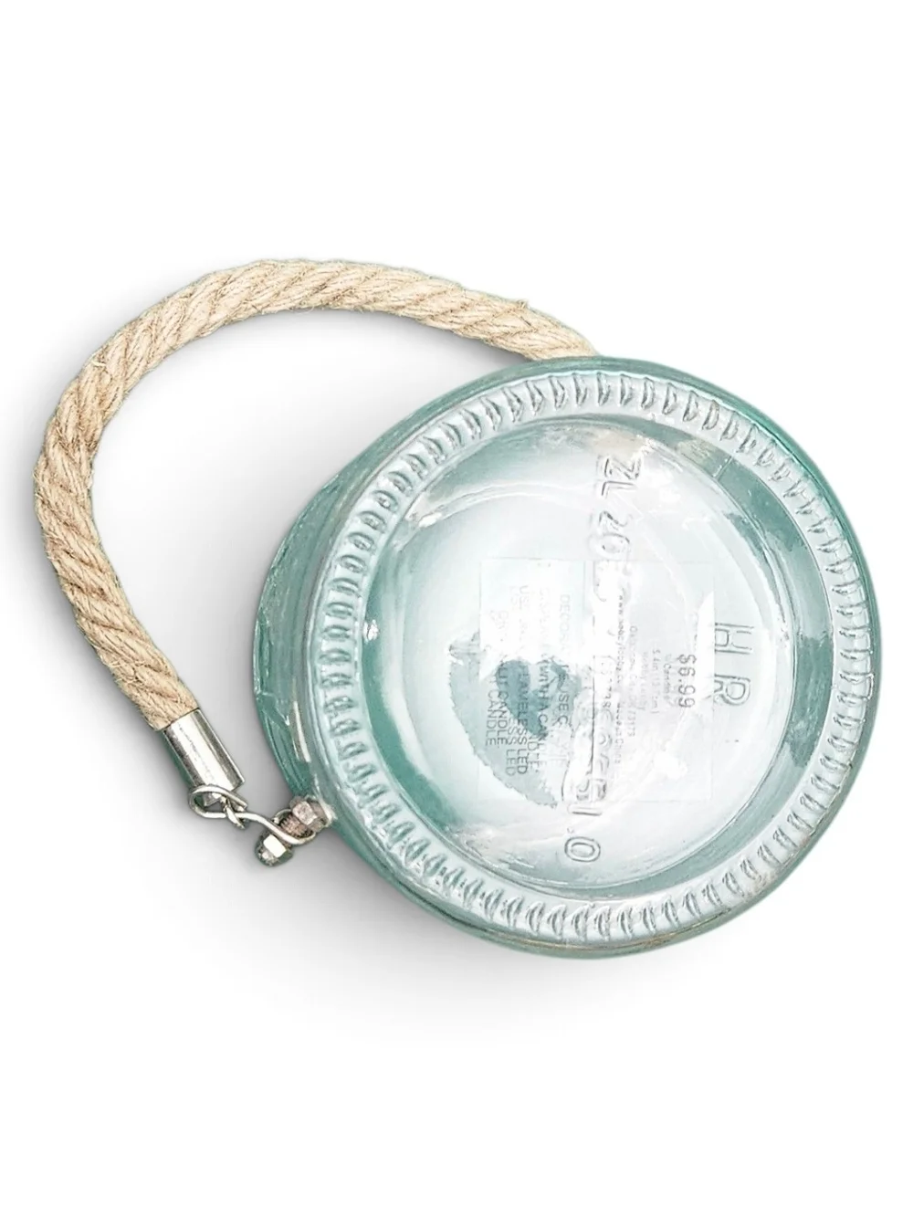 Coastal Aqua Glass Jar Candle Holder w/Tropical Waters Candle Jute Rope Handle